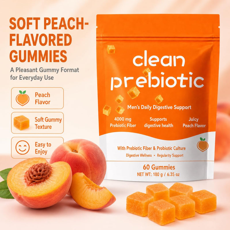 Clean Prebiotic Fiber Gummies for Men | Peach Flavored , Digestive Wellness , 60 Count