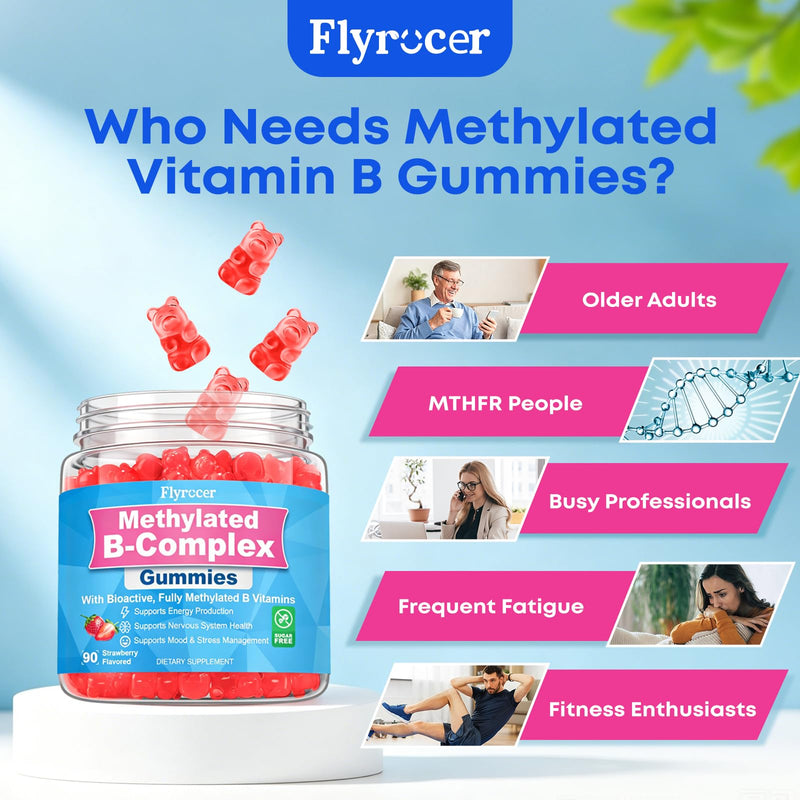 180 Count | Methylated Vitamin B Complex Gummies For Women & Men Sugar Free | Full B Vitamins with Magnesium, L-Theanine, Ashwagandha for Energy, Brain, Nerve, Immunity, M♡♡d & Str♡ss, Strawberry Flavor 90 Count (Pack of 2)