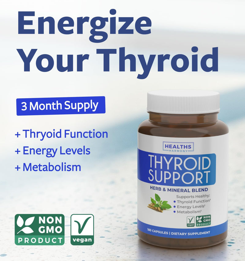 Healths Harmony Herbal Thyroid Support Complex with Iodine (3 Month Supply) | Thyroid Health Capsules with Vitamins Minerals & Herbs with Ashwagandha Selenium & More to Balance Energy - Vegan & Non-GMO 180 Count (Pack of 1)