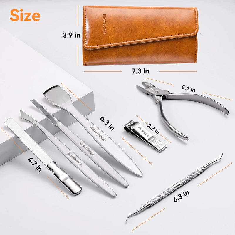 Famlife 7-Piece Professional Pedicure Kit with Toenail Scissors Cuticle Trimmer Nail File Pedicure Knife Blade,Stainless Steel Tools Ingrown Toenail Removal Kit for Nail Care Brown