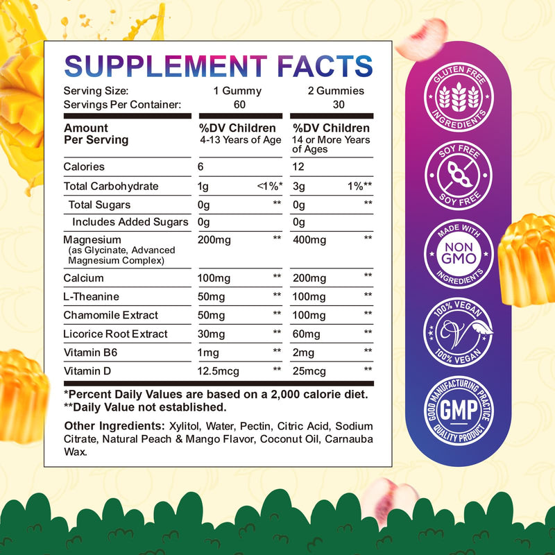 Center-Filled Kids Magnesium Gummies - Magnesium Glycinate Gummies for Kids Adults with L-Theanine, Chamomile, Licorice, Vitamin D, B6 for Sleep, Relaxation, Brain & Muscle - Sugar Free Peach & Mango 60 Count (Pack of 1)