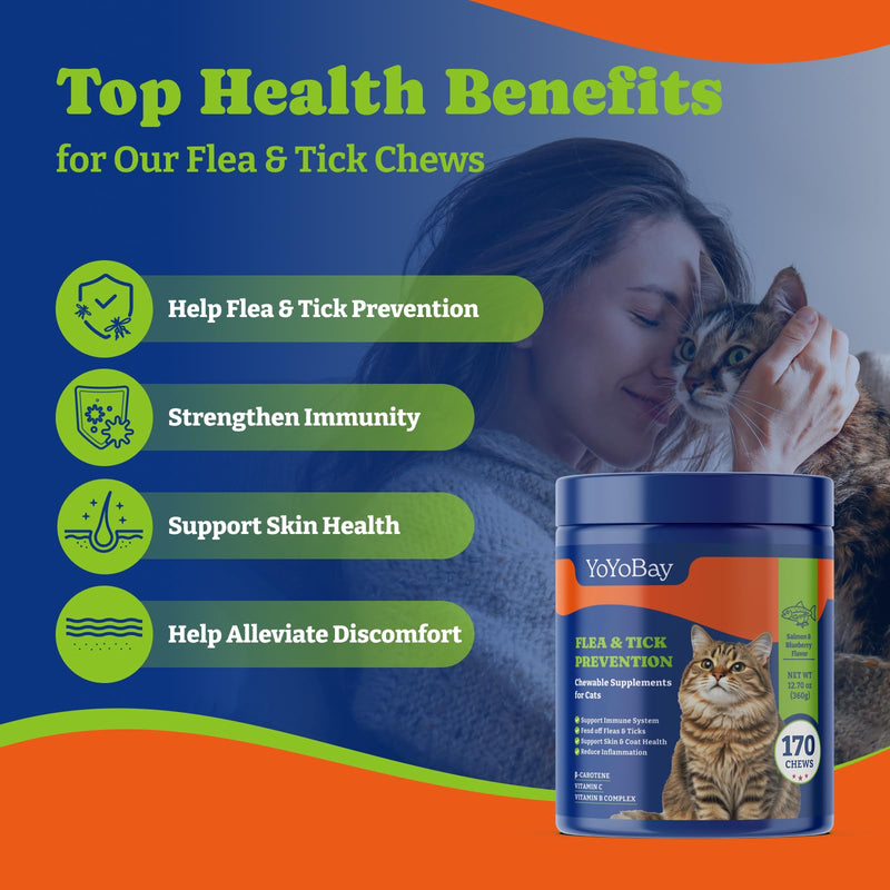 Flea and Tick Prevention for Cats Chewable - 170 Soft Chews, Salmon & Blueberry Flavor - Cats Flea and Tick Treatment Chewable, Natural Defense - Cats Immune Support Supplement 170 Chews - BeesActive Australia