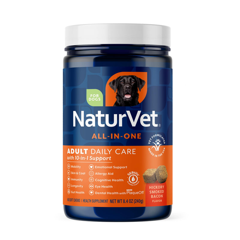 NaturVet All-in-One Adult Dog Daily Care, 10-in-1 Supplement Dog Soft Chews for Mobility, Skin, Digestion, Teeth, Cognition, Eyes, Hickory Smoked Bacon Flavored Pet Supplement for Dogs, 60 Count Adult- 60 Soft Chews