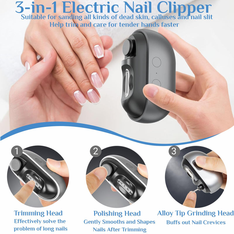 Electric Nail Clippers for Seniors, 2026 3 in 1 Easy Clip Electric Nail Clipper Multifunctional Electric Easy Clip Nail Clippers for Adults，Kids with Polishing and 2 Speeds (Grey) Grey - BeesActive Australia