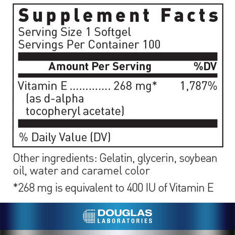 Douglas Laboratories E-400 | Vitamin E for Antioxidant Protection and Cardiovascular Support | 100 Capsules | Vitamin E for Antioxidant Protection and Cardiovascular Support*, Vitamin E helps protect healthy cells from damage* Standard Packaging