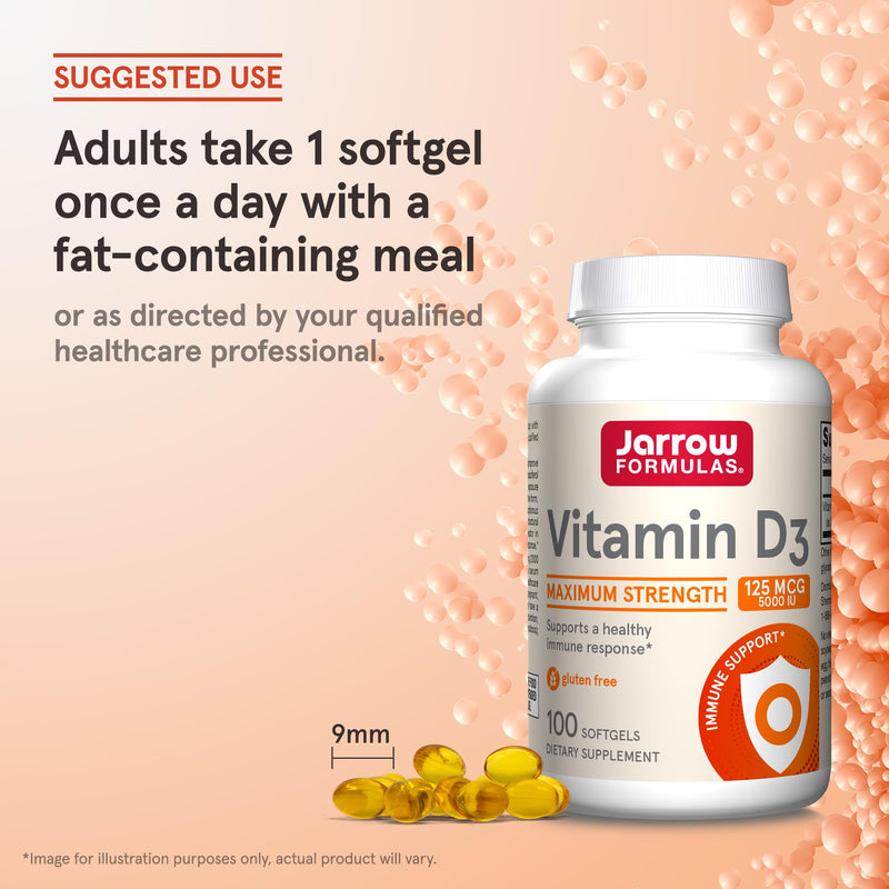 Jarrow Vitamin D3 Supplements 125 mcg (5,000 IU), 100 Softgels | Vitamin D Supplement For Bone Health, Immune Support & Calcium Metabolism Support, Gluten Free, D3 Vitamins, 100 Servings Unflavored 100 Count (Pack of 1)