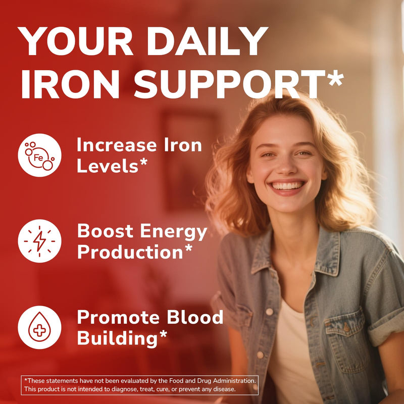Iron Supplement, 65mg Complex Ferrous Bisglycinate, Sulfate, Carbonyl Iron | with Natural Vitamin C, Stomach Friendly Iron Pills for Blood Building, High Absorption, Non GMO, 60 Vegan Tabs