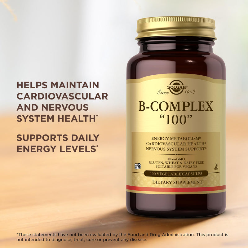 Solgar B-Complex "100" - 100 Vegetable Capsules, Pack of 2 - Energy Metabolism, Cardiovascular Health, Nervous System Support - Non-GMO, Vegan, Gluten Free - 200 Total Servings Unflavored 100 Count (Pack of 2)