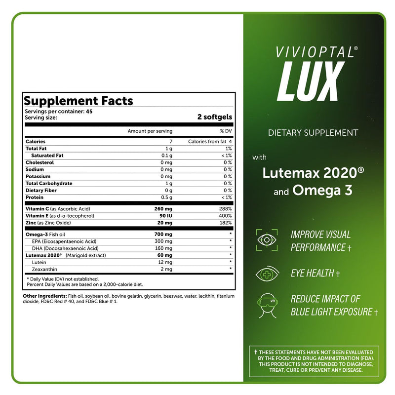 Vivioptal Lux, 90 Softgels, Adult Vitamins, Improve Visual Performance, Omega 3, Zinc, and Vitamin C & E, Multivitamin & Multimineral, Gluten Free, German Formula