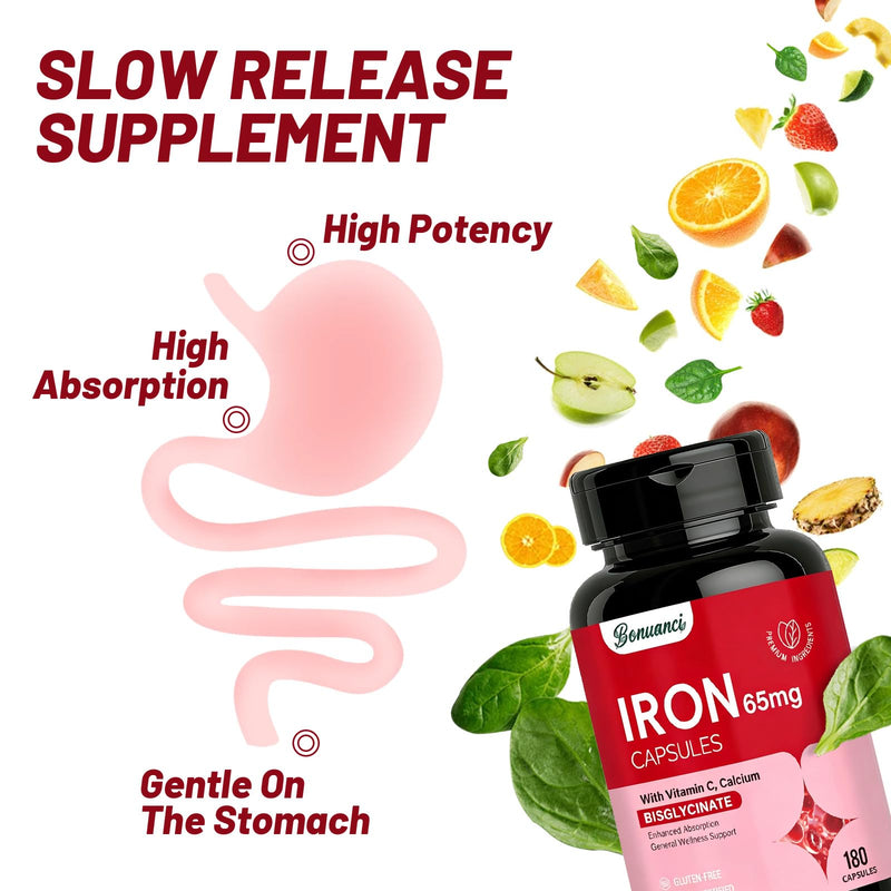 Iron Supplement - Iron 65mg High Absorption Iron Bisglycinate with Vitamin C, Calcium, Gentle Iron Pills for Women Men - Non GMO & Gluten Free, Stomach Friendly, 180 Capsules 180 Count (Pack of 1)