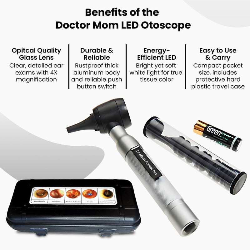 4th Generation Doctor Mom LED Pocket Pro Otoscope with Both Adult and Pediatric Disposable Specula Tips, Battery, and Protective Hard Plastic Case Silver - BeesActive Australia