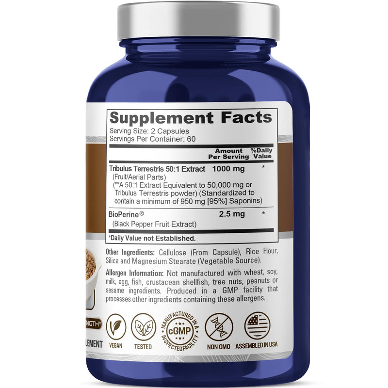 NusaPure Tribulus Terrestris 50:1 Extract, 1000 mg Equivalent to 50,000mg| 120 Veggie Caps | 95% Steroidal Saponins | Non-GMO, Bioperine 120 Count (Pack of 1)