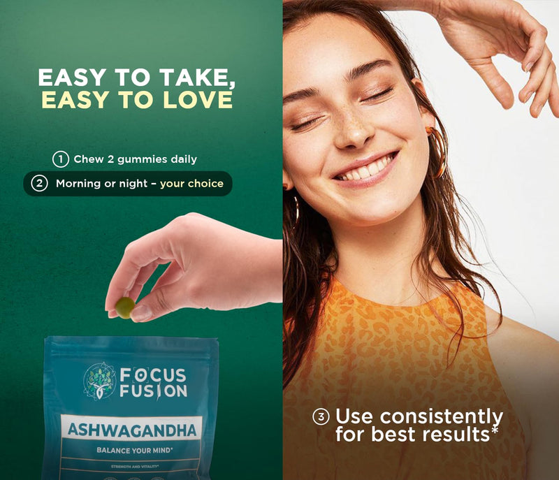 Focus Fusion Ashwagandha Gummies with Vitamin D2 & Zinc – Extra Strength Stress Relief, Mood & Focus Support – Calm Energy & Immune Boost – Vegan, Non-GMO, Fruity Mix Berry Flavors (60 Count)