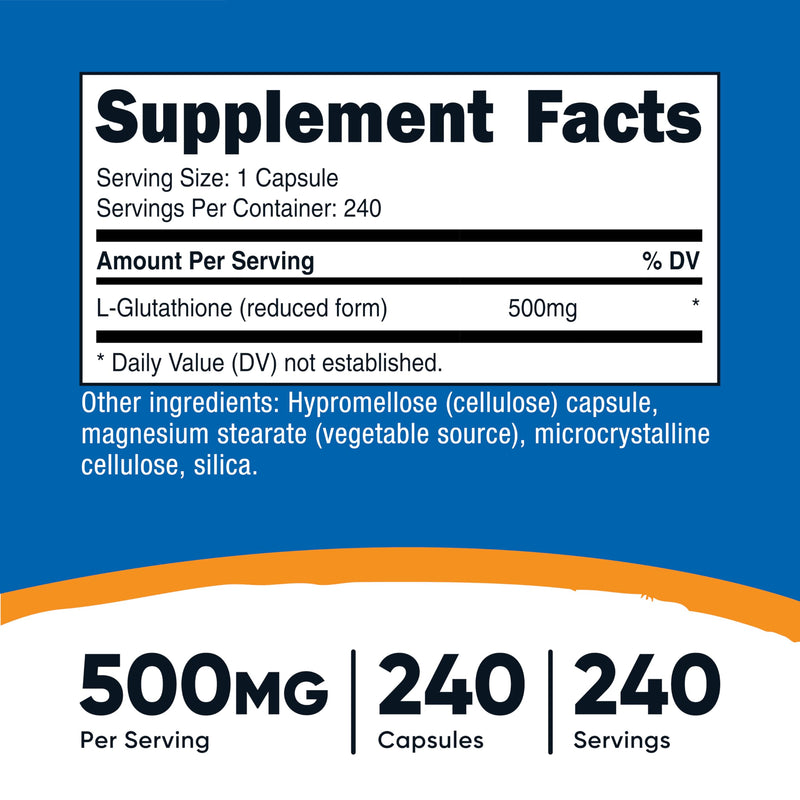 Nutricost Glutathione Capsules 500mg, 240 Capsules - Gluten Free, GMO Free 240 Count (Pack of 1)