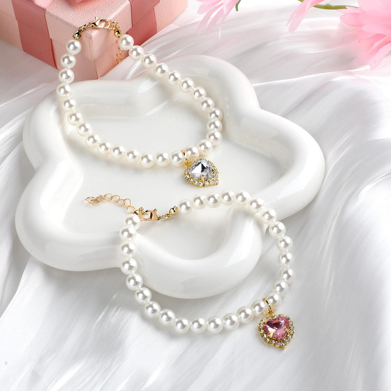 2 Pcs Cat Dog Pearl Necklace Small Heart Shape Rhinestone Pet Collar Adjustable Dog Collar Wedding Party Pet Jewelry Accessories for Cats Puppy Small Dogs (Pink, White) - BeesActive Australia