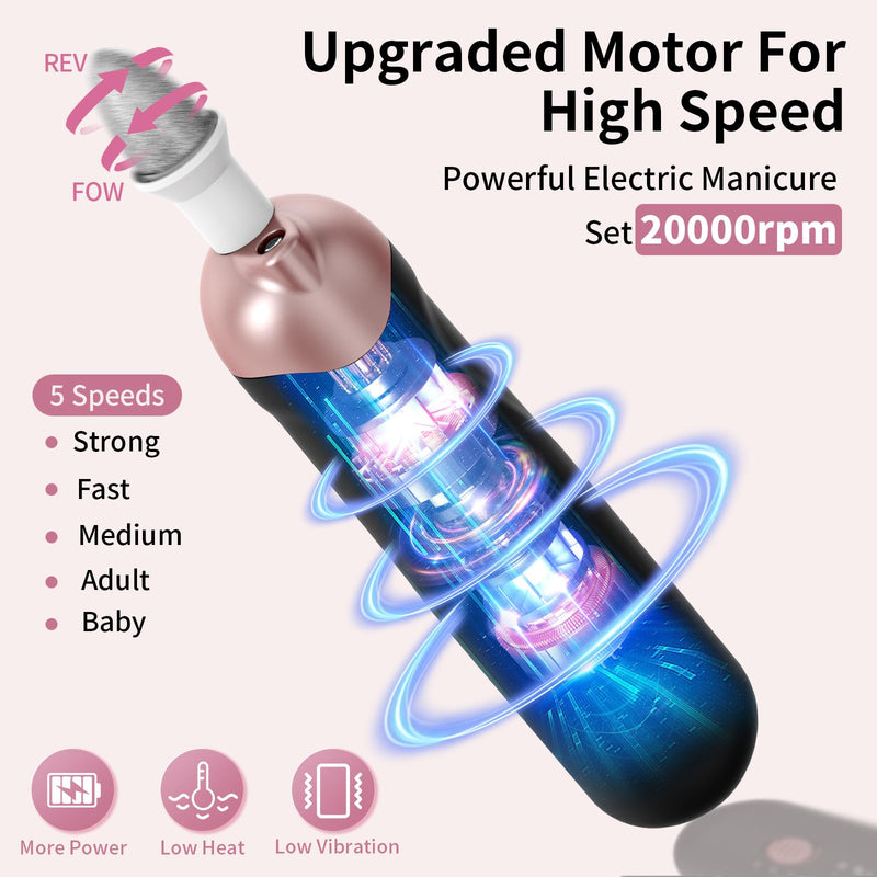 Professional Manicure Pedicure Kit, Cordless Electric Nail File Set, Rechargeable Pedicure Tools for feet, 5 Speeds Hand Foot Care Nail Drill for Thick Nail Toenail Cuticle Women Men Baby Pets Black