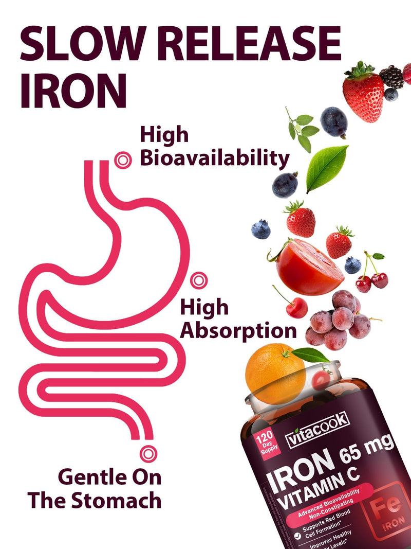 Iron Supplement for Women Men, High Potency Iron 65mg with Vitamin C 250mg | Stomach Friendly Iron Pills for Red Blood Cell & Immune Support, Vegan, Non-GMO & Gluten Free,120 Vegan Tablets Unflavored 120 Count (Pack of 1)