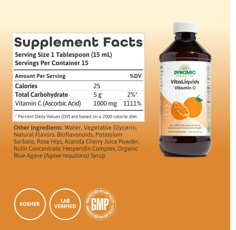 Dynamic Health VitaLiquids Vitamin C 1000mg - Liquid Vitamin C Supplement with Rose Hips and Citrus Bioflavonoids - Antioxidant Rich Immune Support Supplement, Kosher, Lab Verified, 15 Servings, 8oz | 1000 mg per Serving, Liquid Supplement for Men and ...