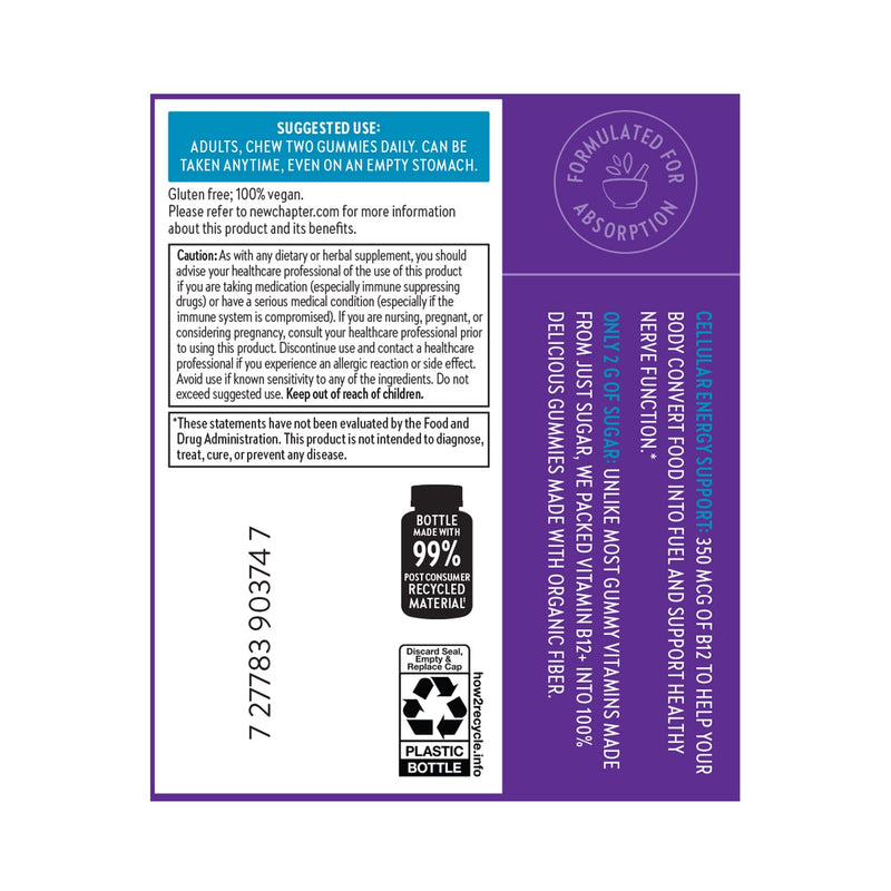 New Chapter USDA Organic Vitamin B12+ Gummies, 60 Count | 47% Less Sugar B12 Gummies for Cellular Energy Support, with Cordyceps, Non-GMO, Gluten Free, Raspberry Flavored