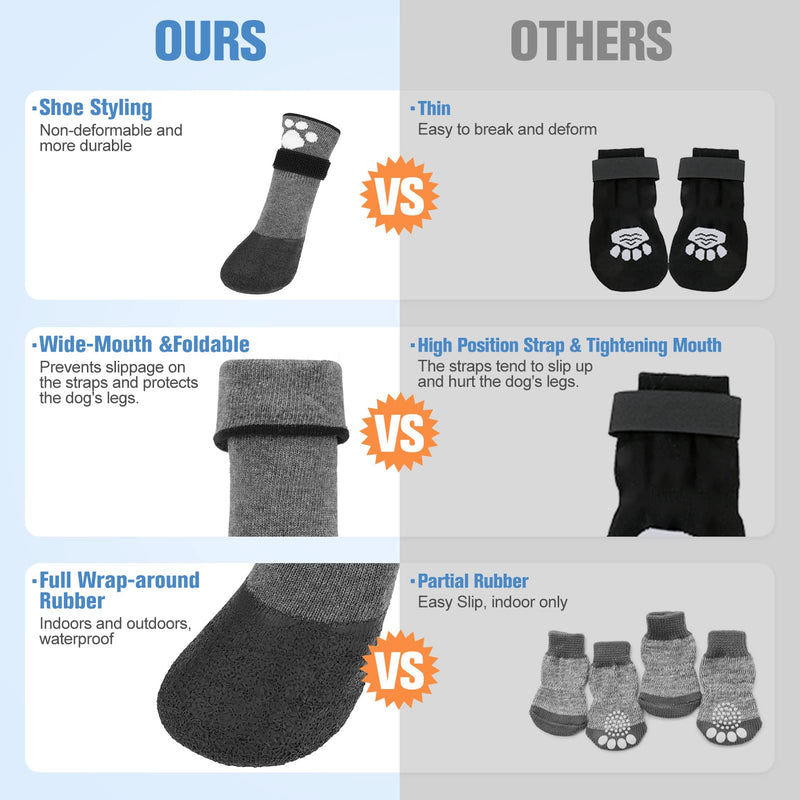 BEAUTYZOO Anti Slip Dog Socks Boots, Dog Shoes for Hot/Cold Pavement Snow Rain Days,Waterproof Grip Dog Booties Paw Protector for Hardwood Floor, Prevent Licking for Small Medium Large Senior Old Dogs Grey - BeesActive Australia