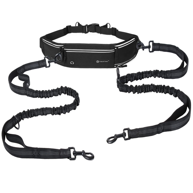 Tails & Tales Hands Free Dog Leash with Waist Pouch, Lumbar Support Upgraded, Bungee Reflective Leash, Adjustable Belt 25-55", Walking Running Hiking Training for Dogs Up to 125lbs (Black, Two Dogs) Black - BeesActive Australia