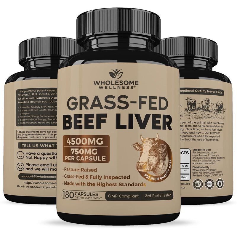 Wholesome Wellness Grass Fed Desiccated Beef Liver Capsules (180 Pills, 750mg Each) - Natural Iron, Vitamin A, B12 for Energy - Raised Undefatted in New Zealand Without Hormones or Chemicals - BeesActive Australia