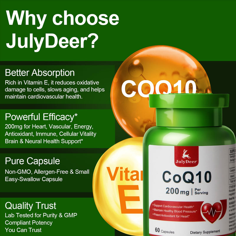 JulyDeer CoQ10 200mg with Vitamin E 20mg Coenzyme Q10 Supplement 60 Caps | 3-Party Tested, Non-GMO, Gluten-free, High Absorption Antioxidant Support Heart, Energy, Overall Health for Women and Men 60 Count(Pack of 1)