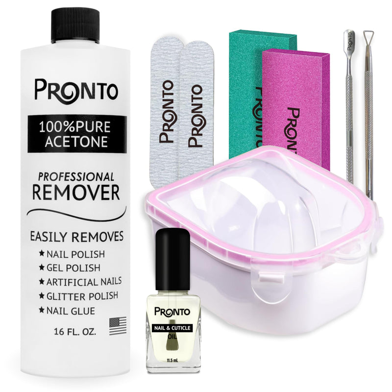 Pronto Gel Nail Polish Remover Kit - 16oz Pure Acetone, Nail Soaking Bowl, Moisturizing Cuticle Oil, Manicure Kit Including Gel Nail Polish Tools, Nail File, Nail Buffer, Cuticle Pusher & Nail Scraper 16 Fl Oz + Kit Bowl - BeesActive Australia
