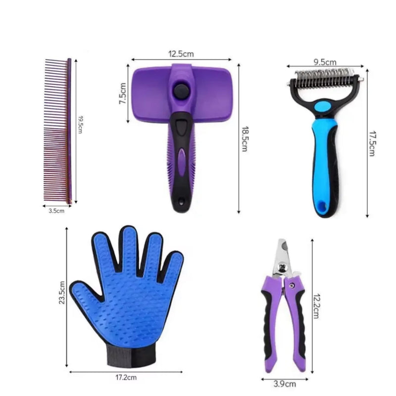 Pet Grooming Kit, 5-Piece Set, Purple and Blue, Includes Self-Cleaning Slicker Brush, Nail Clippers, Grooming Glove, Dematting Comb, Steel Comb - BeesActive Australia