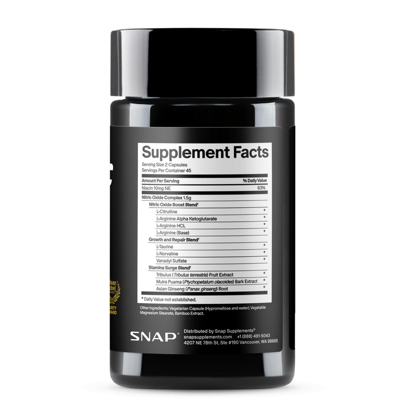 Snap Supplements Nitric Oxide Booster for Men & Women, 90 Vegan Capsules | Nitric Oxide Supplement, L-Citrulline + 3 Forms of L-Arginine for Stamina, Endurance & Circulation, Caffeine-Free Pre-Workout 90 Count (Pack of 1)