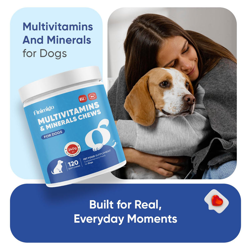 animigo Multivitamins and Minerals for Dogs - 120 Soft Chews - With 18 Vitamins & Minerals - Easy to Chew & Gentle Formulation - Suitable For All Breeds - Lactose-Free & Soy-Free