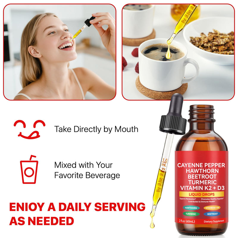 Cayenne Pepper Drops, 60ml Cayenne Pepper Supplement for Digestion, Circulatory Heath Support, Boosts Metabolism, with Hawthorn, Vitamin K2 D3 Beet Root, Turmeric-2 Fl Oz