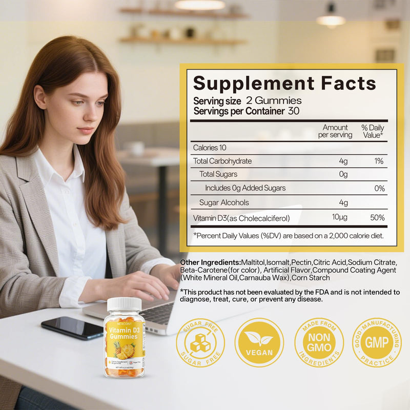 Vitamin D3 Gummies, Bone & Immune Support Daily Supplement, 400IU Gentle Formula for Men & Women, Sugar Free Non-GMO Gluten Free Vegan Pineapple Flavor, 60 Count (30 Day Supply)