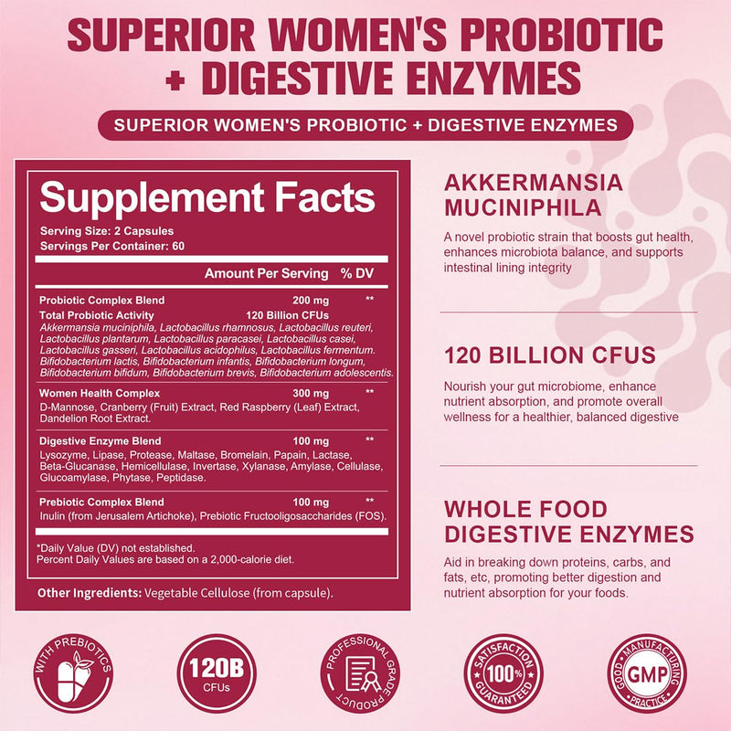 Totaria (2 Packs) Probiotics for Women, 120 Billion Women Probiotic, Digestive Enzymes & Prebiotics, with Akkermansia, Cranberry, D-Mannose, for Gut, Urinary, Immune, PH Balance, 240 Vegan Capules 120 Count (Pack of 2)