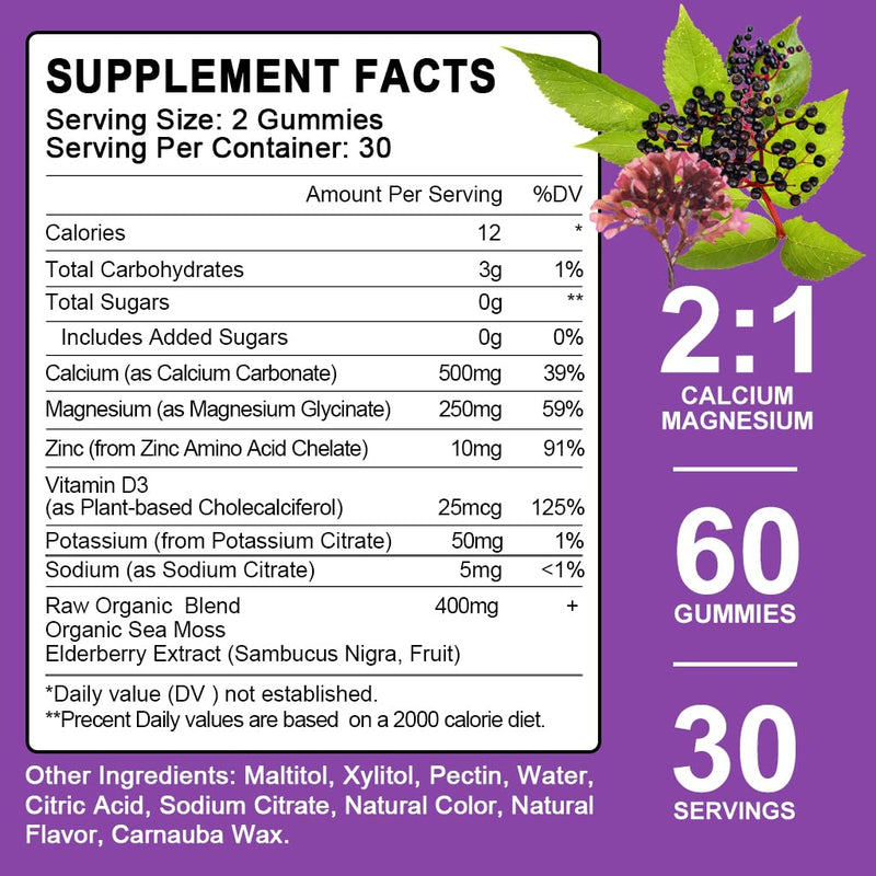 (2 Pack) Sugar Free Calcium Magnesium Zinc Gummies, Calcium Magnesium 2:1, Contains Magnesium Glycinate, Vitamin D3, Sea Moss, for Bones, Muscles, Calm Mood & Sleep Support, Vegan, 120 Gummies Sweet Elderberry 60 Count (Pack of 2)
