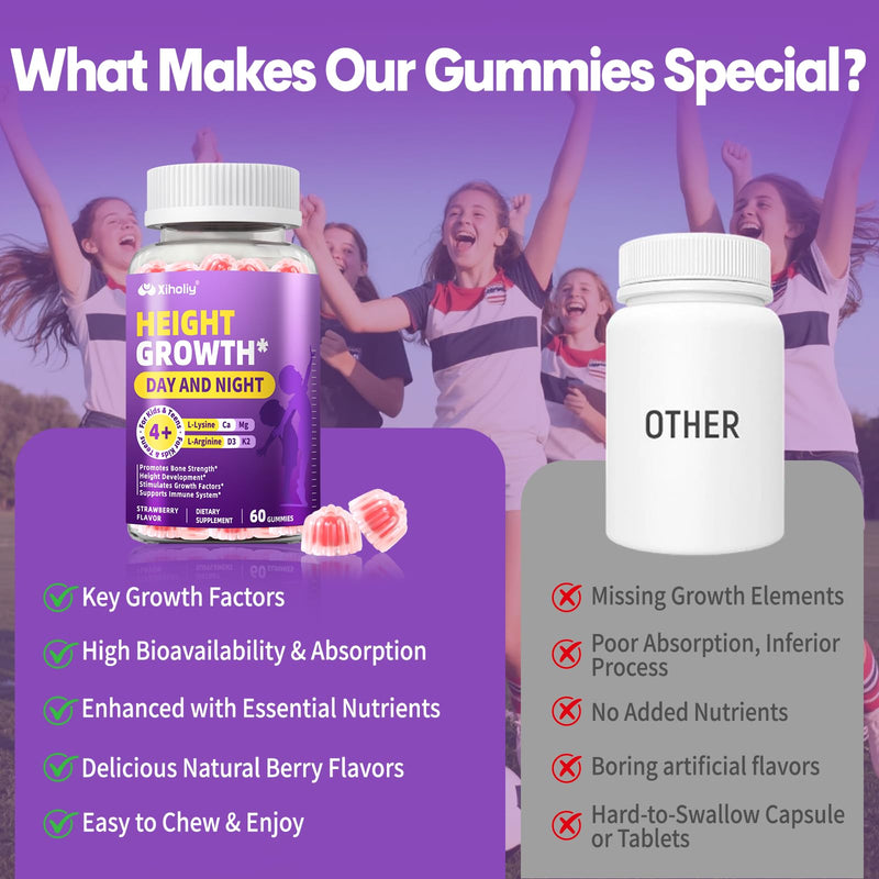Height Growth Gummies for Kids & Teens - Natural Vitamin Growth Supplement | Plus Calcium, D3K2, Magnesium, Zinc, L-Arginine - Healthy Bone & Immune Multivitamin for Teen Boys Girls in Growing - 60 Chew