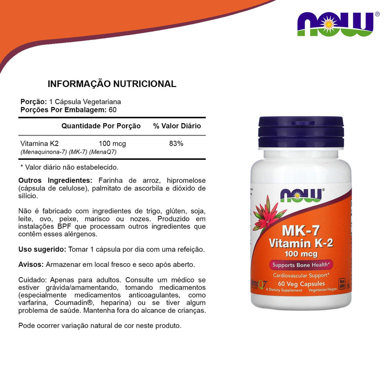 Now Foods Vitamin K-2 (MK7) Veg Capsules, 100 mcg, 60 Count, Pack of 2