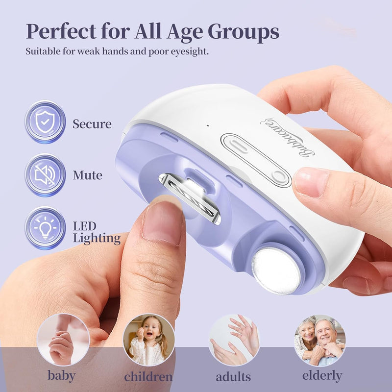 Electric 2-in-1 Nail Clipper & Polisher, 2-Speed Safe Fingernail Trimmer for All Ages, Rechargeable Automatic Nail Clipper with Light, Manicure Set for Baby Kids Seniors & Weak Hands Purple - BeesActive Australia