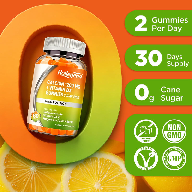 Calcium 1200 mg with Vitamin D3 Gummies, 60 Count | Calcium Citrate Chewables with Magnesium Zinc Vitamin K2 Boron, Bone Health, Sugar Free