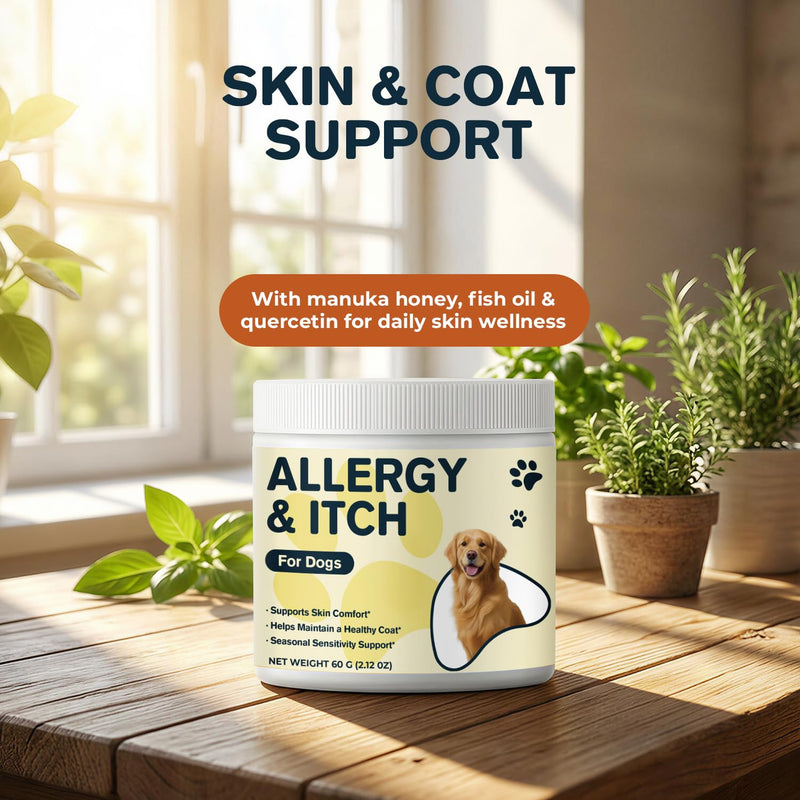 Manuka Honey for Dogs, Allergy & Itch Support Powder for Dogs, Helps Relief Itchy Skin, Supports Skin Comfort & Coat Health with Quercetin, Colostrum & Probiotics, 60 g