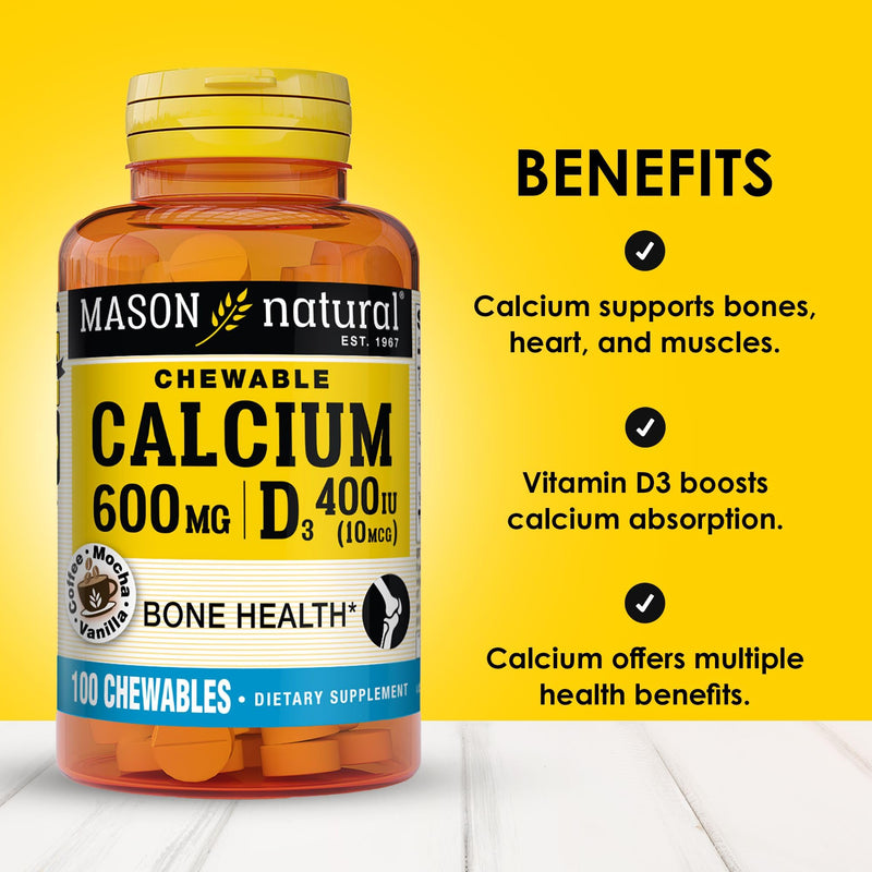 MASON NATURAL Calcium 600 mg with Vitamin D3, 100 Day Supply, Supports Healthy Bones & Normal Muscle Function, Coffee Mocha Flavor, 100 Chewables 100 Count (Pack of 1)