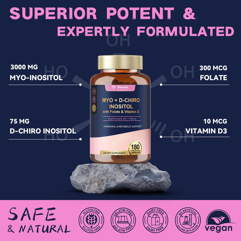 Totaria Inositol Supplement for Women with Vitamin D3, Folate, 40:1 Ratio Myo-Inositol & D-Chiro Inositol Complex, (Vitamin B8) Inositol Capsules, 180 Capsules, 60 Servings, 2 Month Supply 180 Count (Pack of 1)