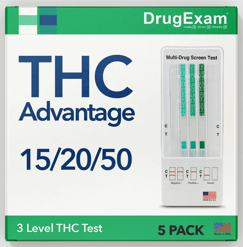 5 Pack - DrugExam THC Advantage Made in USA Multi Level Marijuana Home Test Kit. Highly Sensitive THC 3 Level Drug Test Kit. Detects at 50 ng/mL, 20 ng/mL, 15 ng/mL 5 Count (Pack of 1)