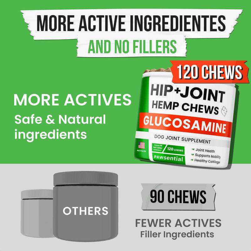 Hemp Treats - Dog Joint Supplement - Mobility Support Chews w/Glucosamine Chondroitin, Turmeric, MSM - Hip & Joint Chews - Joint Pain Relief Treats - 120Ct 120 Count Hemp Hip & Joint