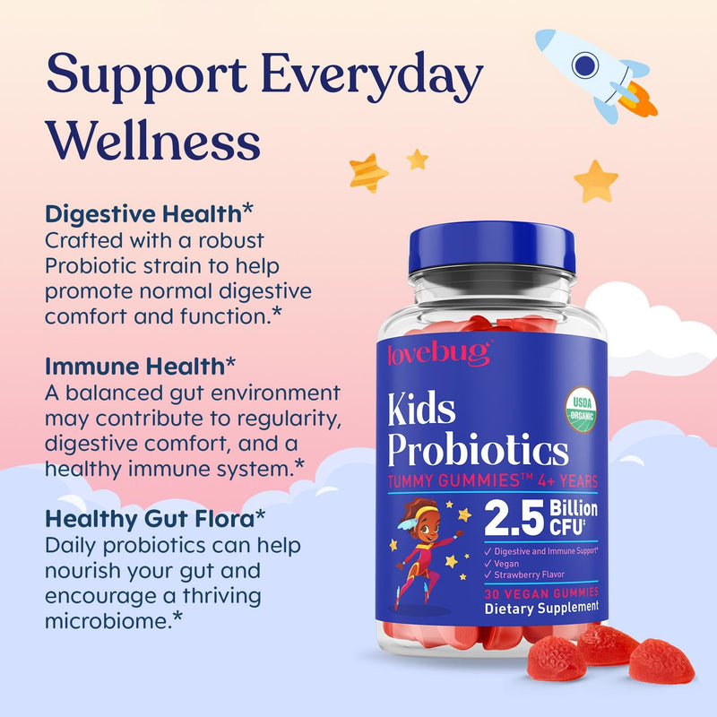 LOVEBUG Kids Probiotic Gummies – Organic Chewable Probiotics for Kids Aged 4+, Soil-Based Children’s Probiotic for Gut Health, Constipation, Digestive & Immune Support, Vegan, 60 Chews, Strawberry 30 Count (Pack of 2)