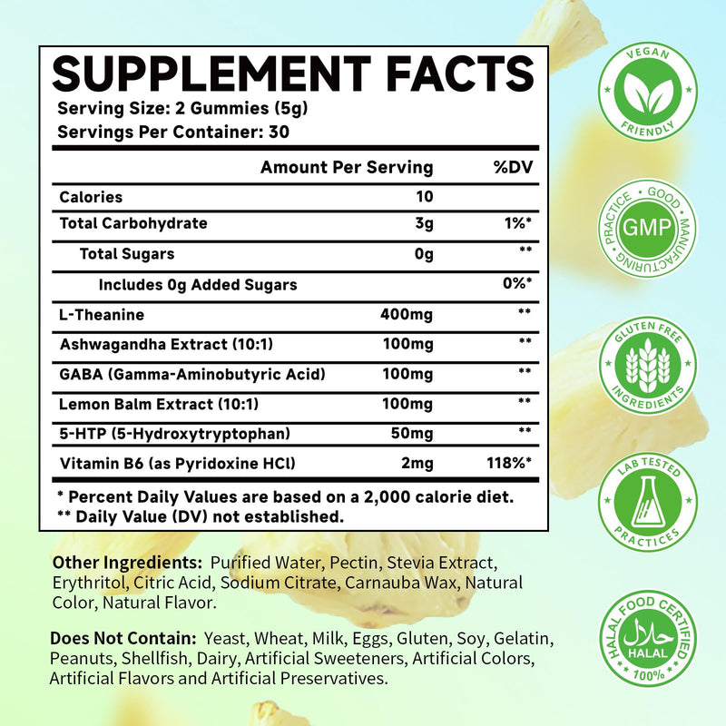 L-Theanine Gummies, 400mg l'theanine Chewable Supplement with Ashwagandha, GABA, Lemon Balm, 5-HTP, Vitamin B6, Support Zzz, Relax & Emotion, Vegan, Non-GMO, Sugar Free, Pineapple Flavor, 120 Count