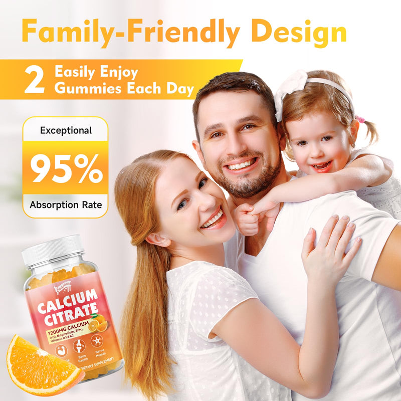 Calcium Citrate Gummies 1200 mg with Vitamin D3, K2, Magnesium, Zinc, Bone Support for Bones, Muscles & Joints,Immunity & Memory Support, 60 Count 1 Pack