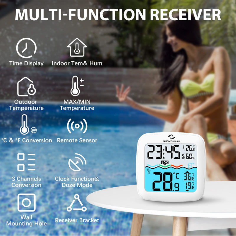 Nuovoware Digital Floating Pool Thermometer, Wireless Thermometer with Easy Read Screen Display, Remote Water IPX8 Waterproof for Swimming Pools, Fish Tank, Hot Tub White