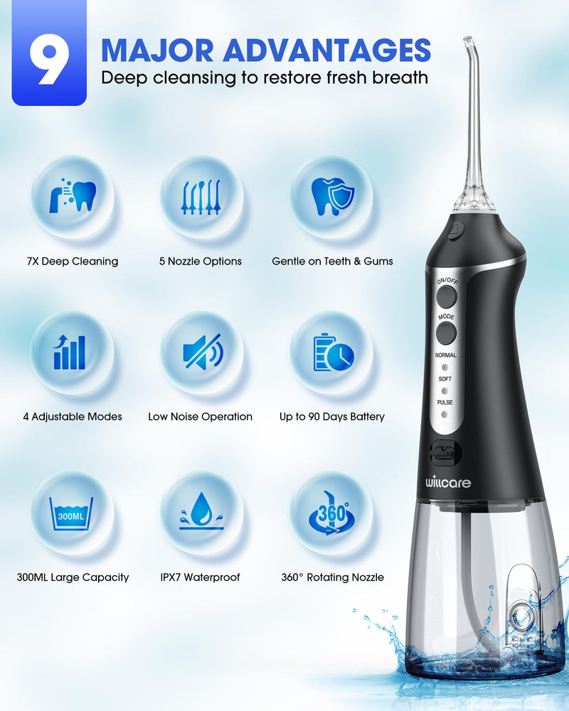 Water Dental Flosser, Portable Oral Irrigator with 300ML Water Tank, IPX7 Waterproof, Rechargeable, 4 Modes for Deep Teeth Cleaning, Travel-Friendly (Black) Black - BeesActive Australia