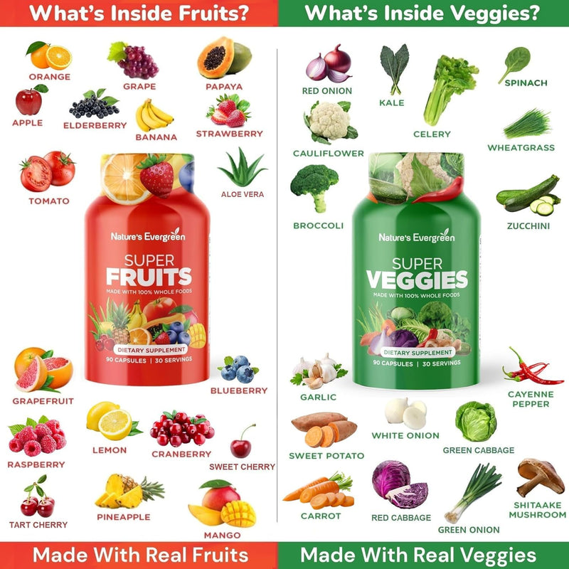 Fruits and Veggies Supplement - Nature Fruits and Vegetables Supplements - Vegan, Non GMO, Soy Free, Superfood Vitamins & Minerals Nutritional Balance - (Total 180 Capsules - Pack of 2) Made in USA 90 Count (Pack of 2)